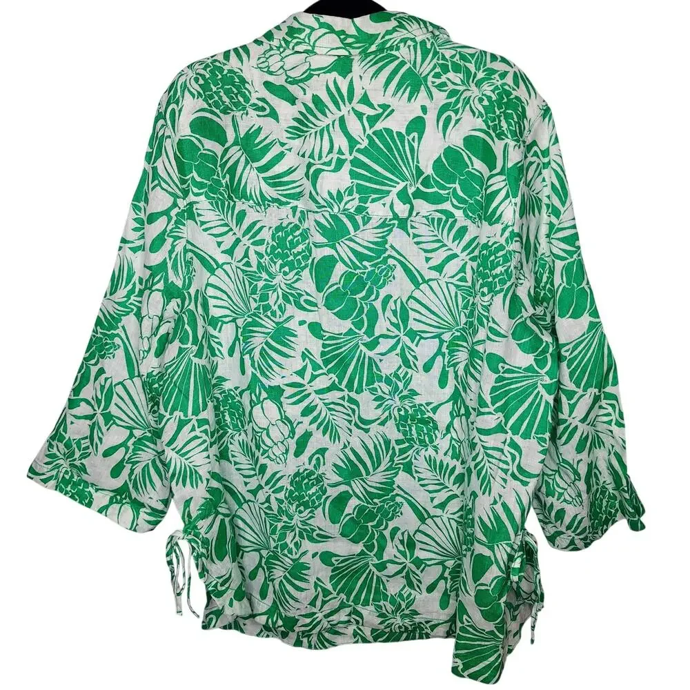 Nicole Miller 100% Linen Tunic Top 1X Pineapple Shells Palm Tropical Beach Green